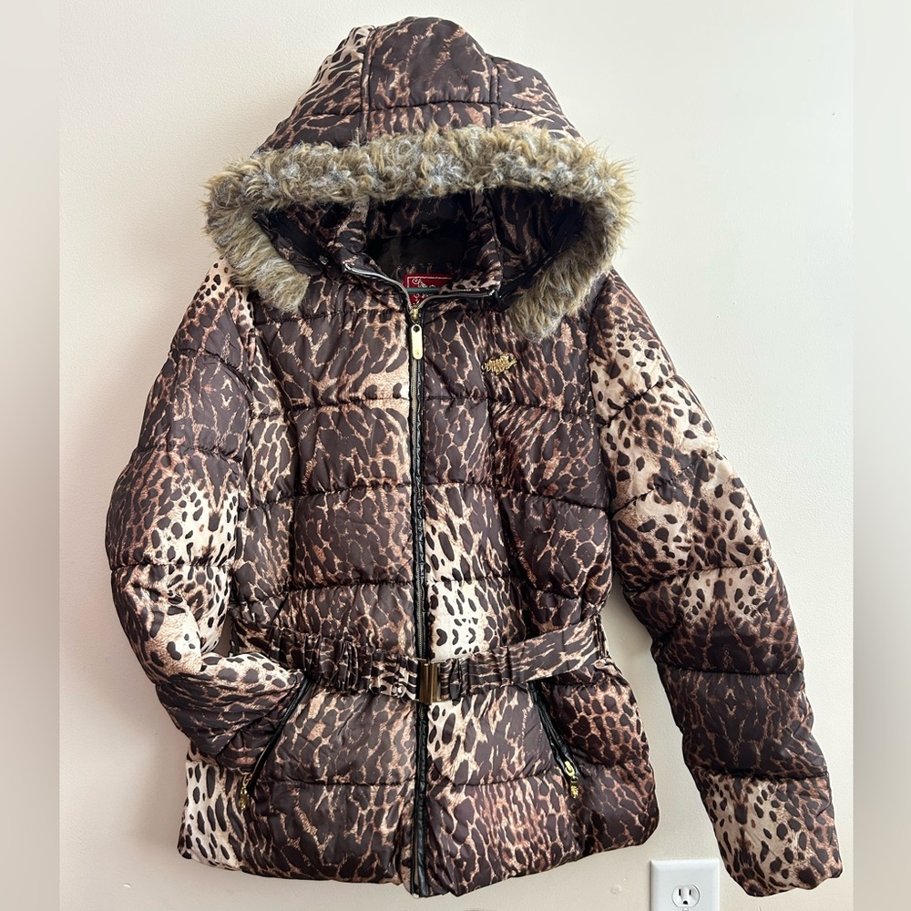 Apple Bottoms Women’s Cheetah Puffer Jacket Faux Fur Hood XL